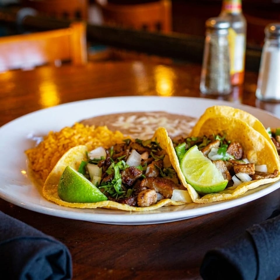 Three street tacos with rice and refried beans, garnished with lime wedges, on a wooden table.
