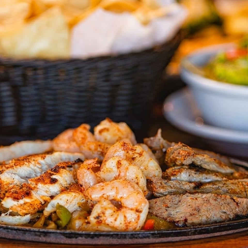 Sizzling fajitas with chicken, shrimp, and steak, served with chips and guacamole.