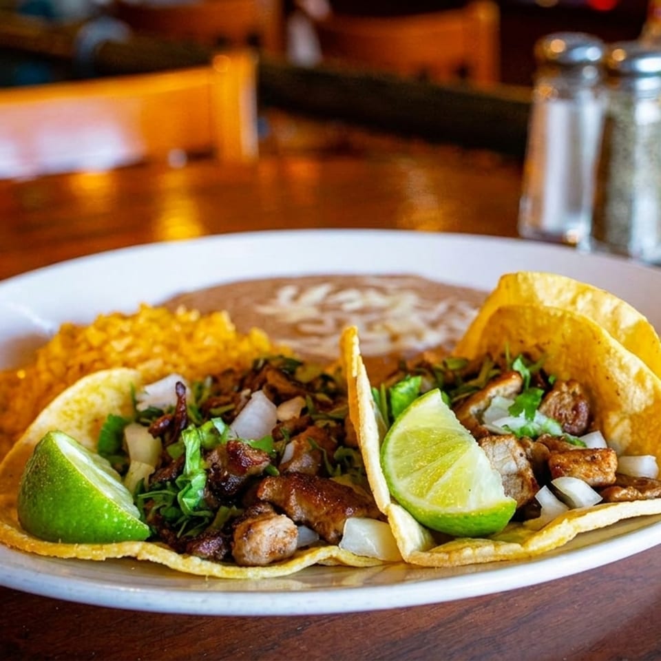 Three street tacos with meat, onions, cilantro, and lime wedges, served with rice and beans.