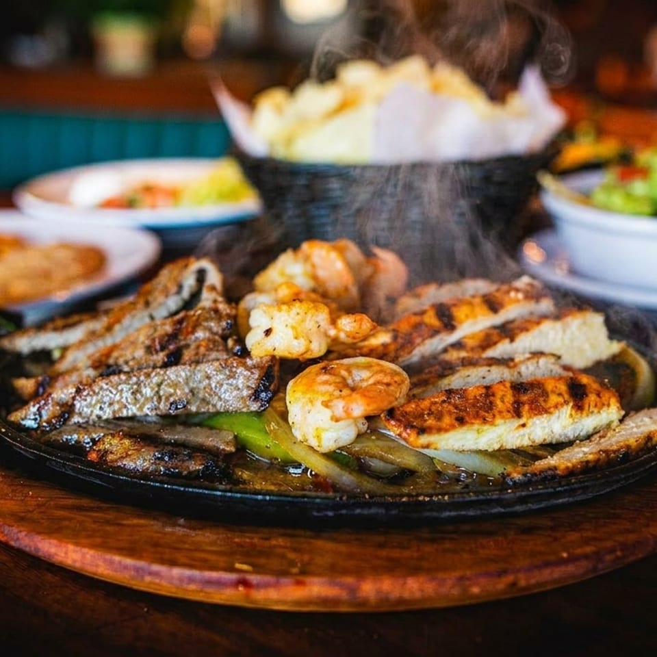 Sizzling fajitas with steak, chicken, and shrimp, served with chips and guacamole.