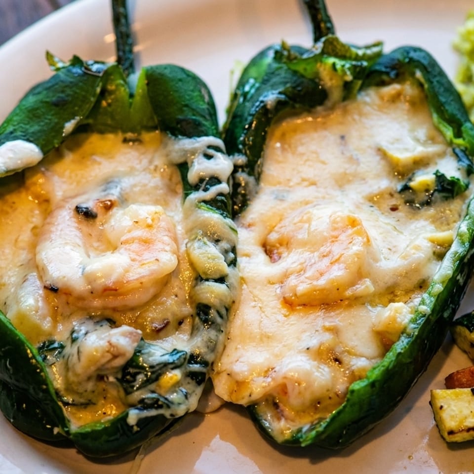 Roasted poblano peppers stuffed with shrimp and melted cheese, served with green rice and grilled vegetables.