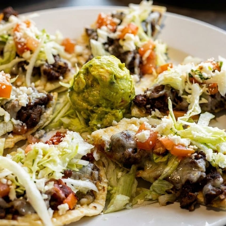 A white plate holds several mini tacos topped with meat, cheese, lettuce, tomatoes, and guacamole.